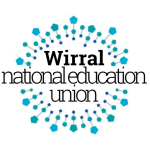 Logo of the Wirral National Education Union featuring blue and teal geometric shapes surrounding the text.
