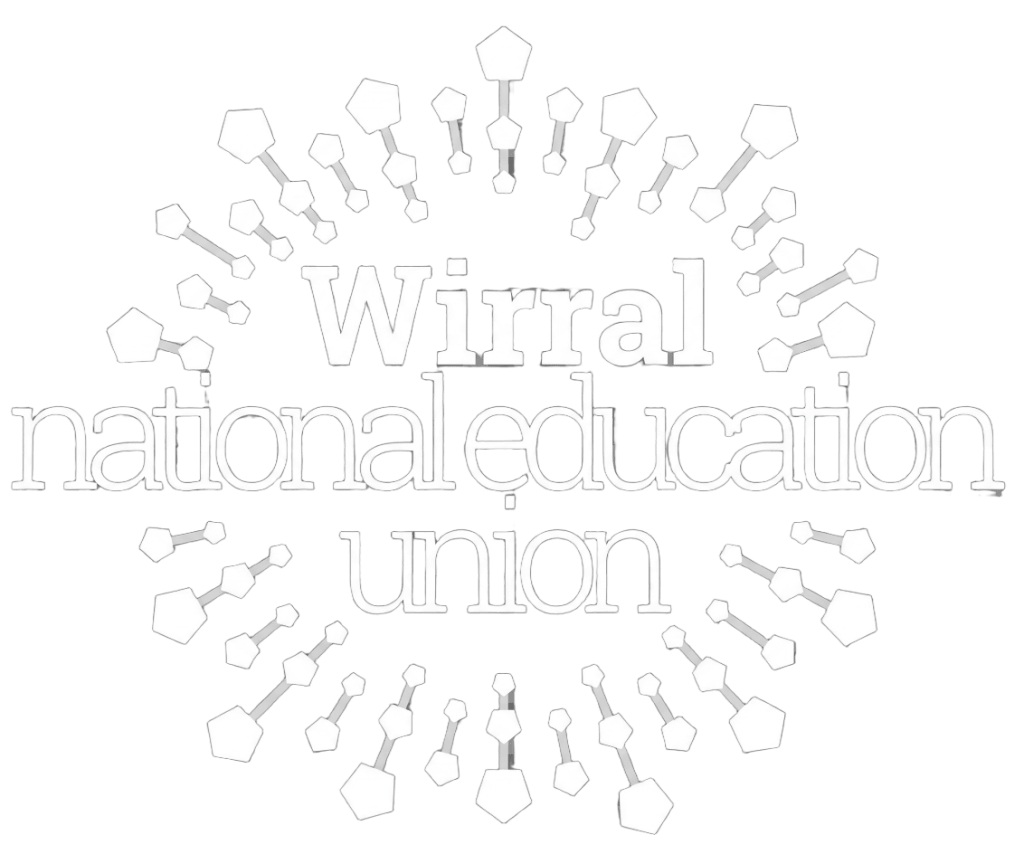 Logo of the Wirral National Education Union, featuring the words 'Wirral national education union' surrounded by a pattern of geometric shapes.